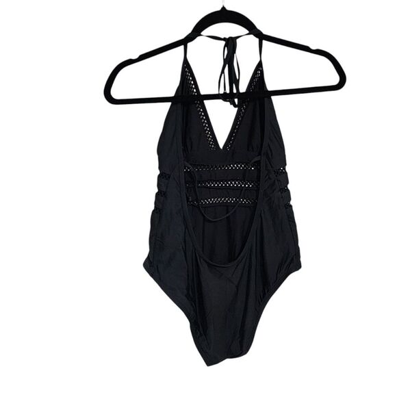 Ella Moss Swimsuit M 1 Pc Black Tie Neck Mesh Panels - Picture 2 of 5